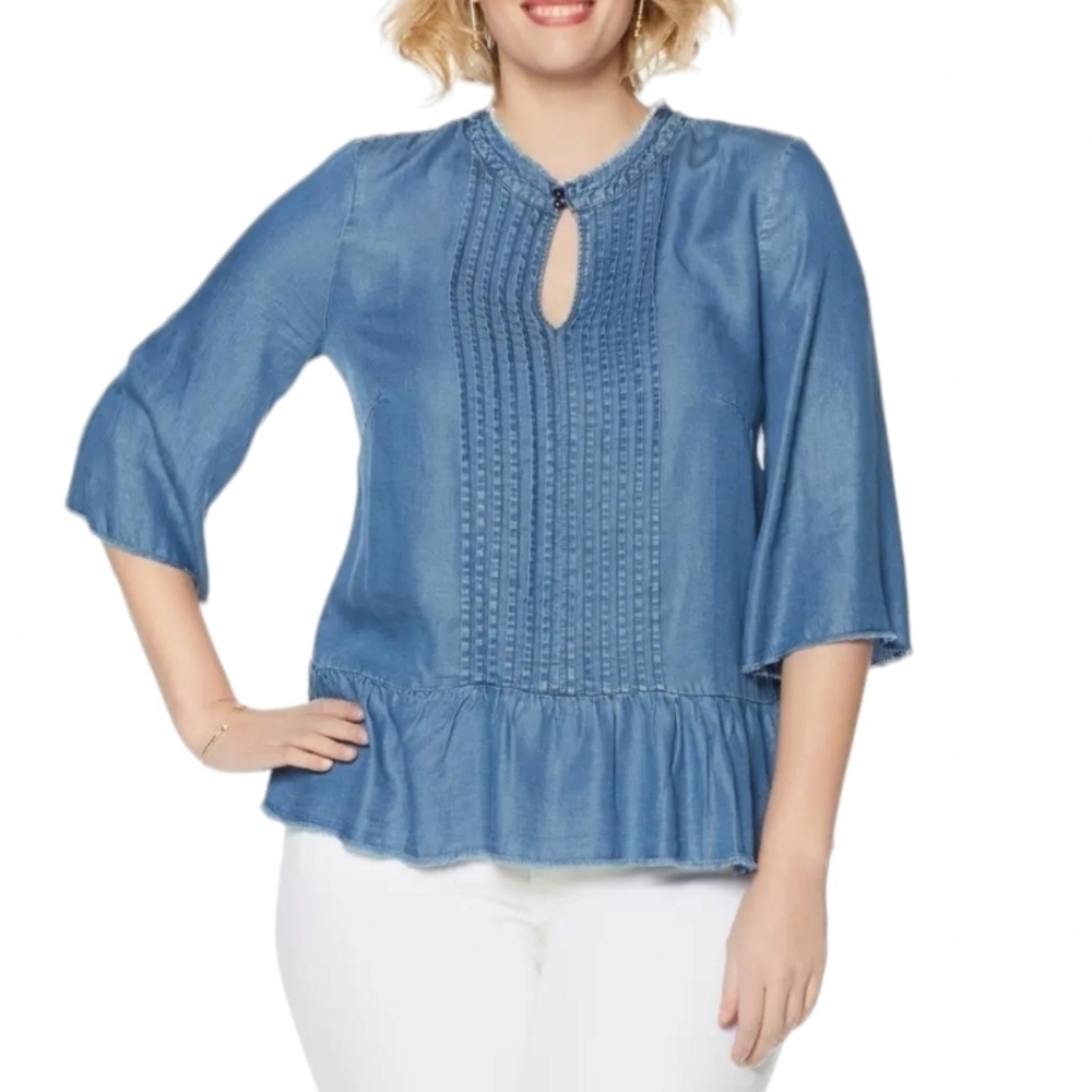 Melissa McCarthy Seven7 Blue Jean Blouse with Fringe Trim Size 0X
